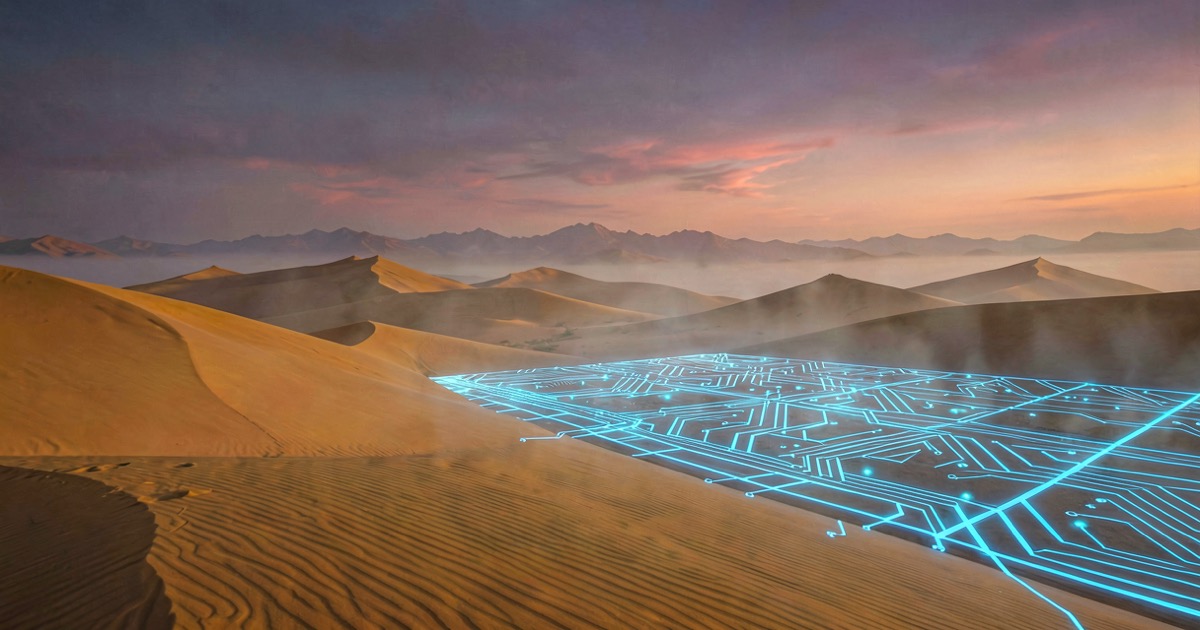 Golden desert dunes at twilight merging with a translucent blue circuit grid pattern, atmospheric haze, abstract digital composition