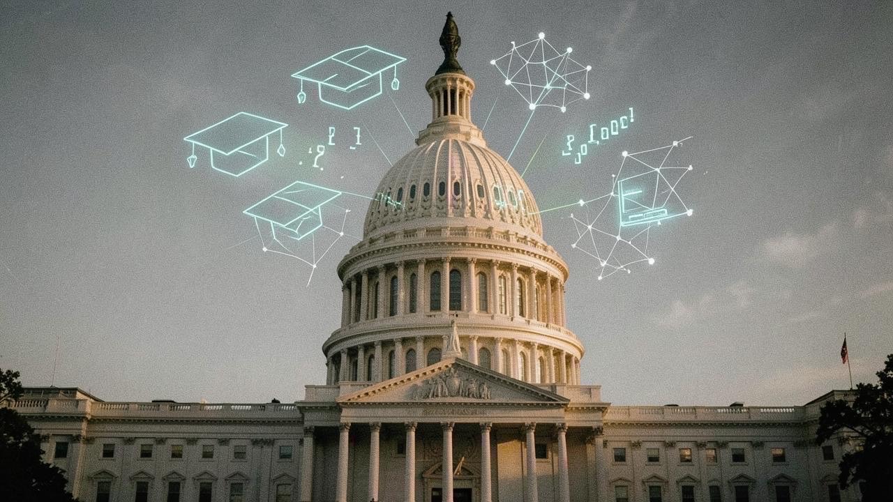 US Capitol building with AI education digital overlay symbolizing federal AI education policy