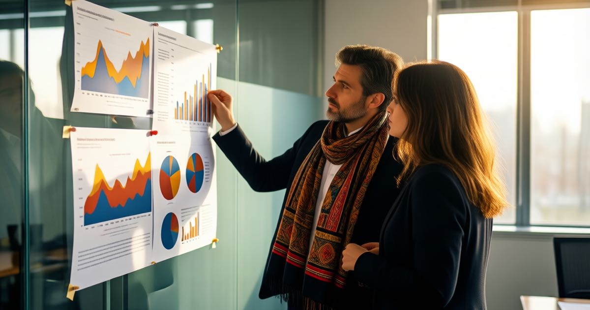 Two economists in a bright modern office reviewing large labour-market charts pinned to a glass wall, one wearing a bold patterned scarf, warm morning window light, documentary editorial photography