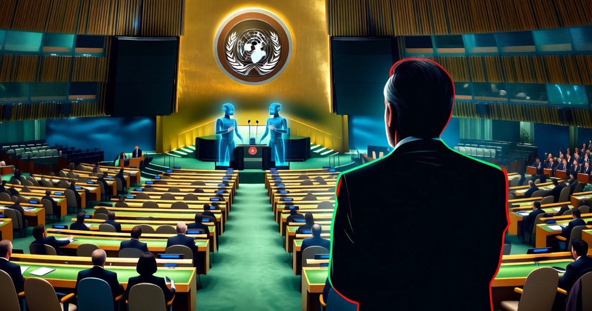 Two glowing AI figures speaking at a podium in the United Nations Security Council chamber as delegates watch, teal and gold cinematic light