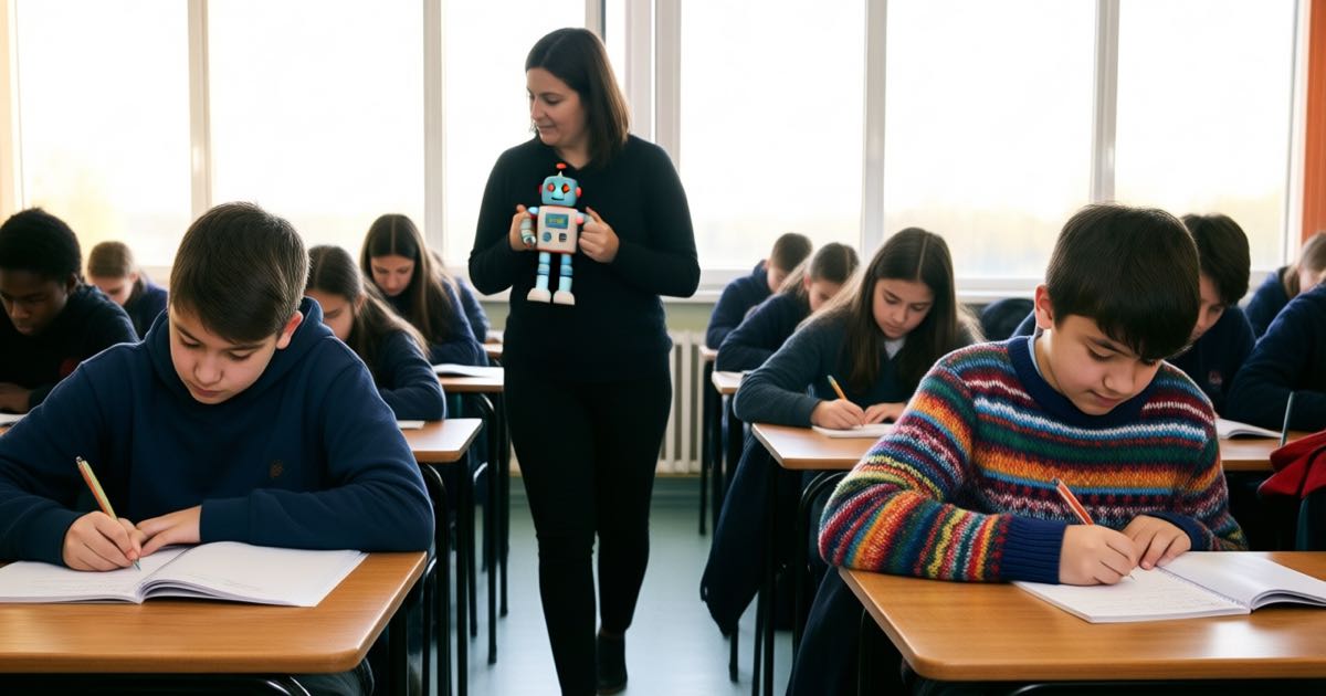 Teenagers writing in exercise books at wooden classroom desks while a teacher with a robot-shaped mug walks between the rows, morning light through tall windows