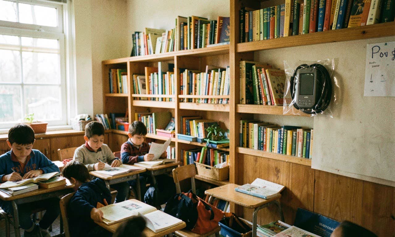 An elementary school classroom with books on shelves and a phone locked away in a pouch, warm natural lighting, documentary style