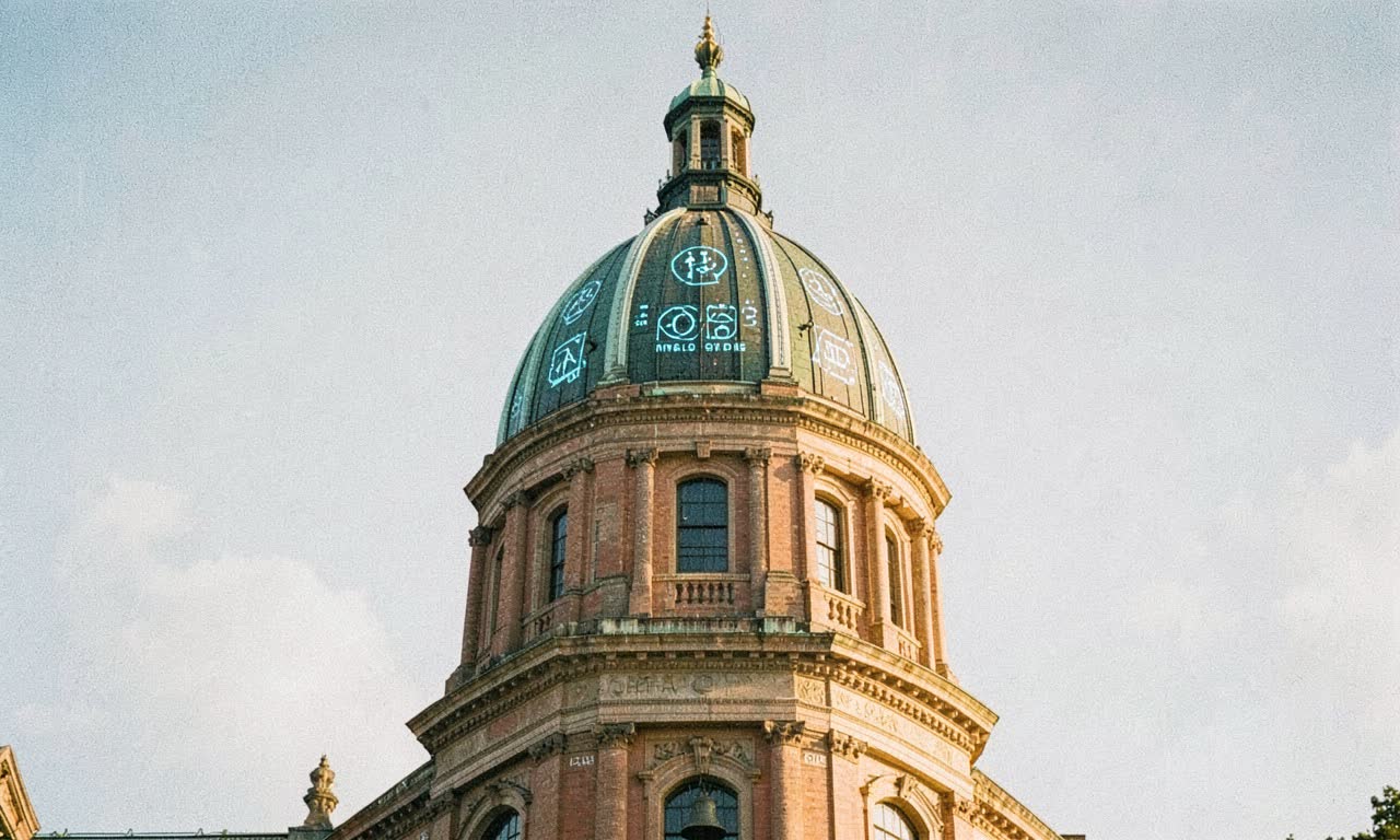 State capitol dome with digital AI symbols and school bell, representing AI education legislation