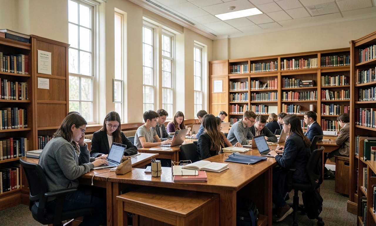 University library with students working on laptops at wooden tables under tall windows with natural light