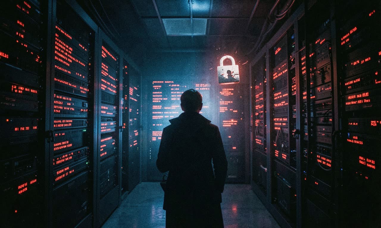 A dark server room with glowing red warning lights and cascading code on screens, symbolizing a data breach, cinematic lighting, photojournalistic style