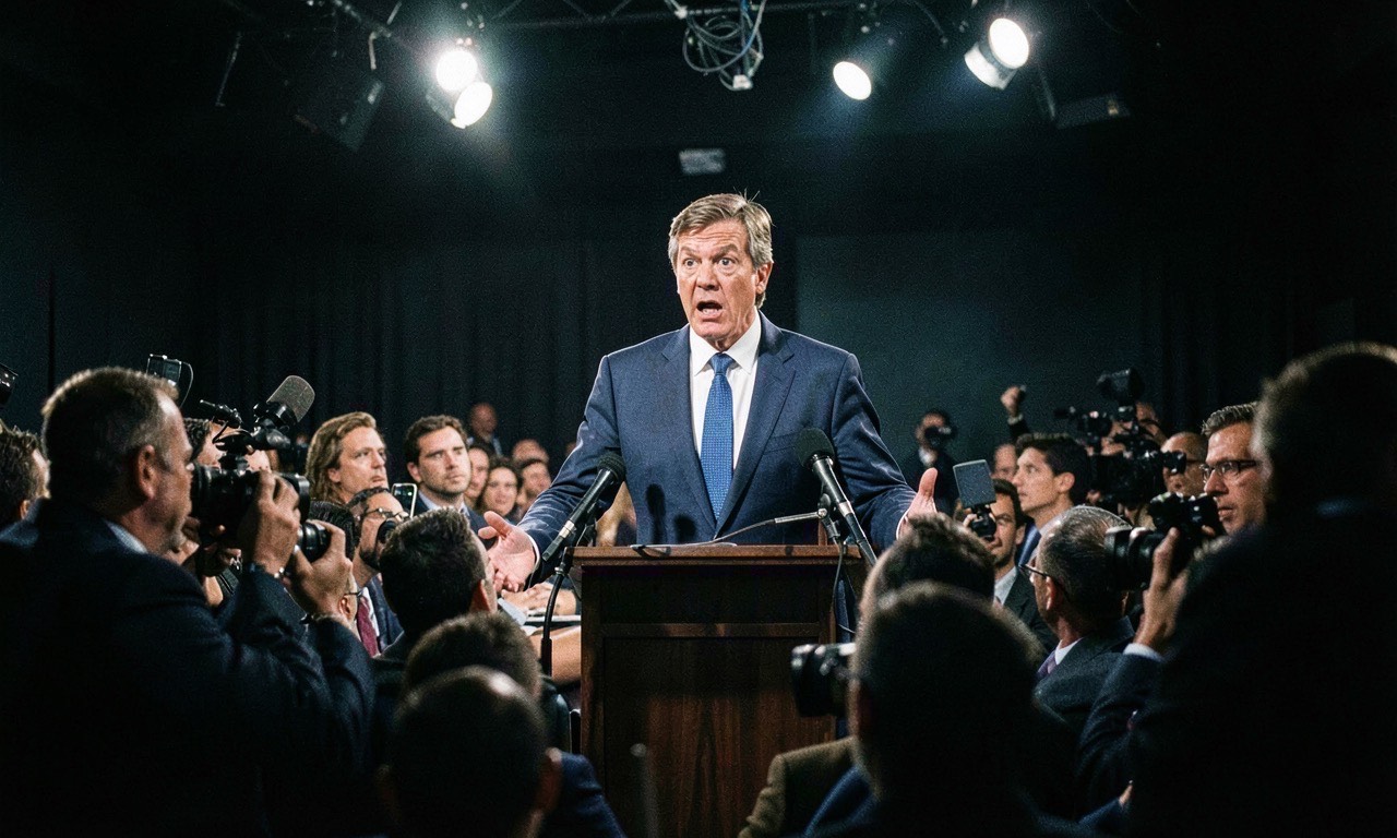 A corporate executive at a podium speaking urgently, press conference lighting, photojournalistic
