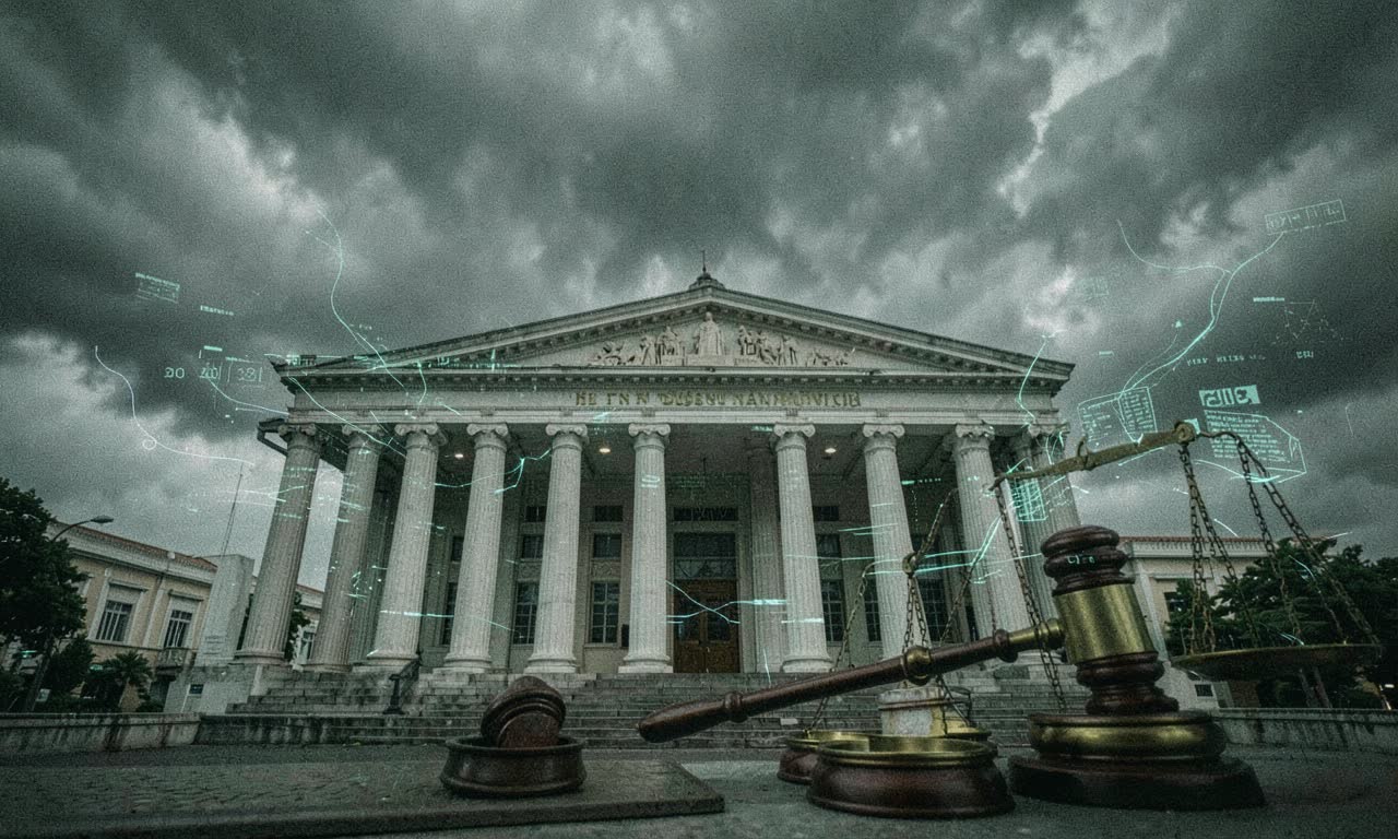 Vietnamese government building with digital data streams and legal gavel, overcast monsoon sky, photojournalistic style