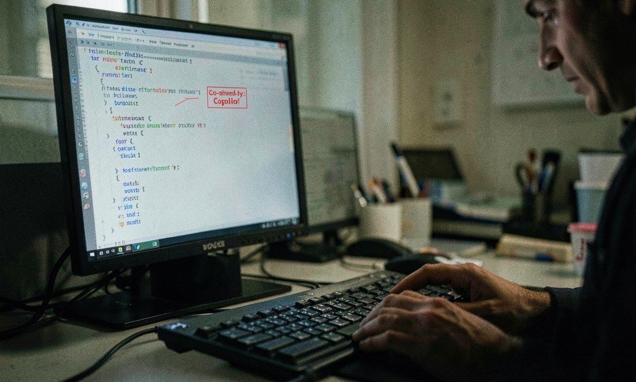 Git commit log showing Co-authored-by Copilot text on screen, developer's hands on keyboard