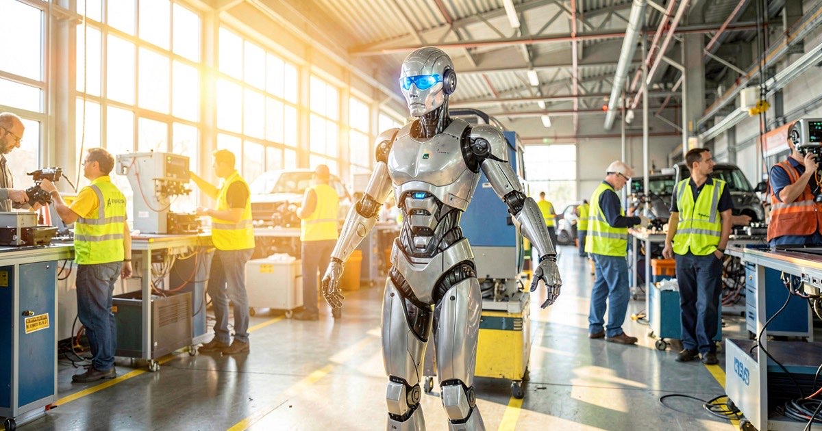 A humanoid robot working alongside people on a bright factory production line, moving parts between workstations.