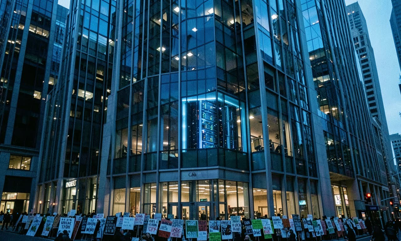 Wall Street bank building exterior at dusk, glass and steel skyscraper with a single glowing AI server rack visible through lobby window, cold blue ambient lighting, photojournalistic