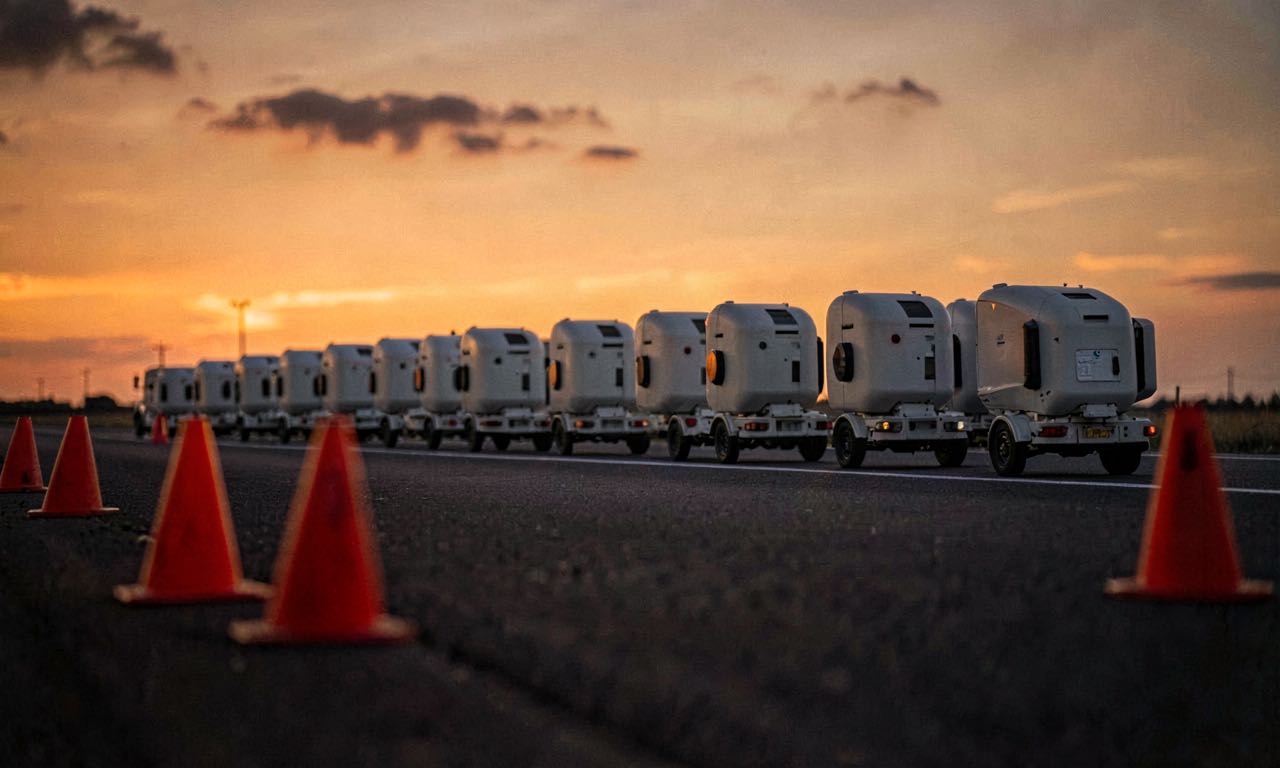 A row of autonomous vehicle sensors and cameras mounted on a vehicle roof, photographed against a dark asphalt background at dusk.