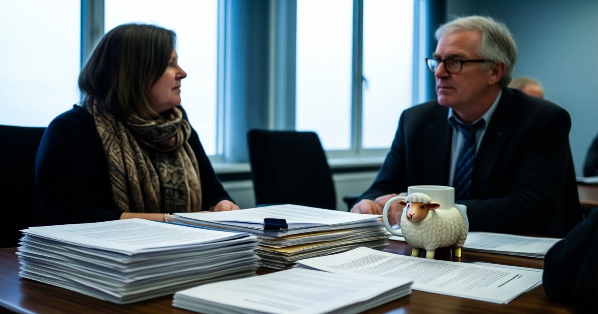 A council chamber desk in Wellington stacked with printed consultant reports during a scrutiny session