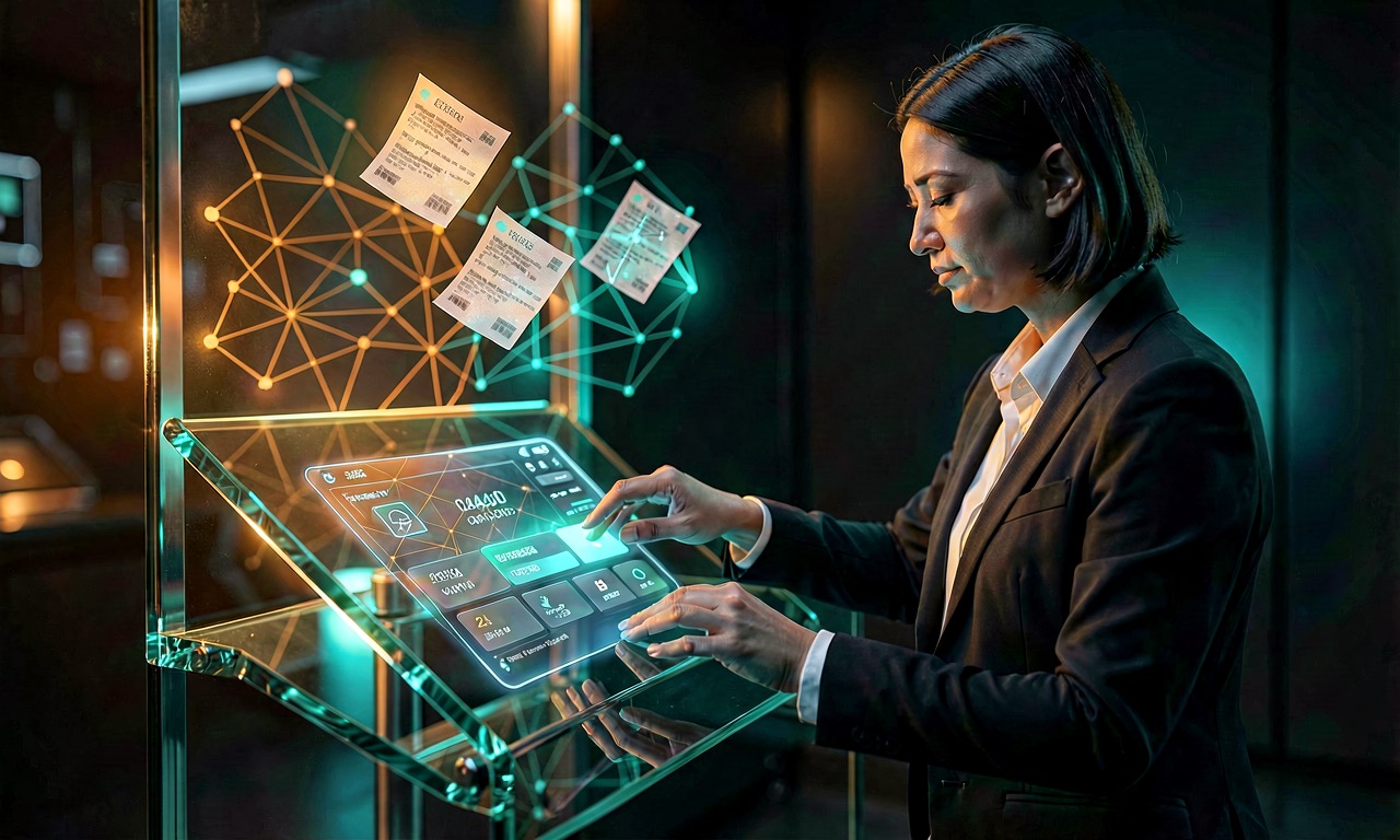 Abstract visualization of a digital assistant completing a payment on a glowing terminal