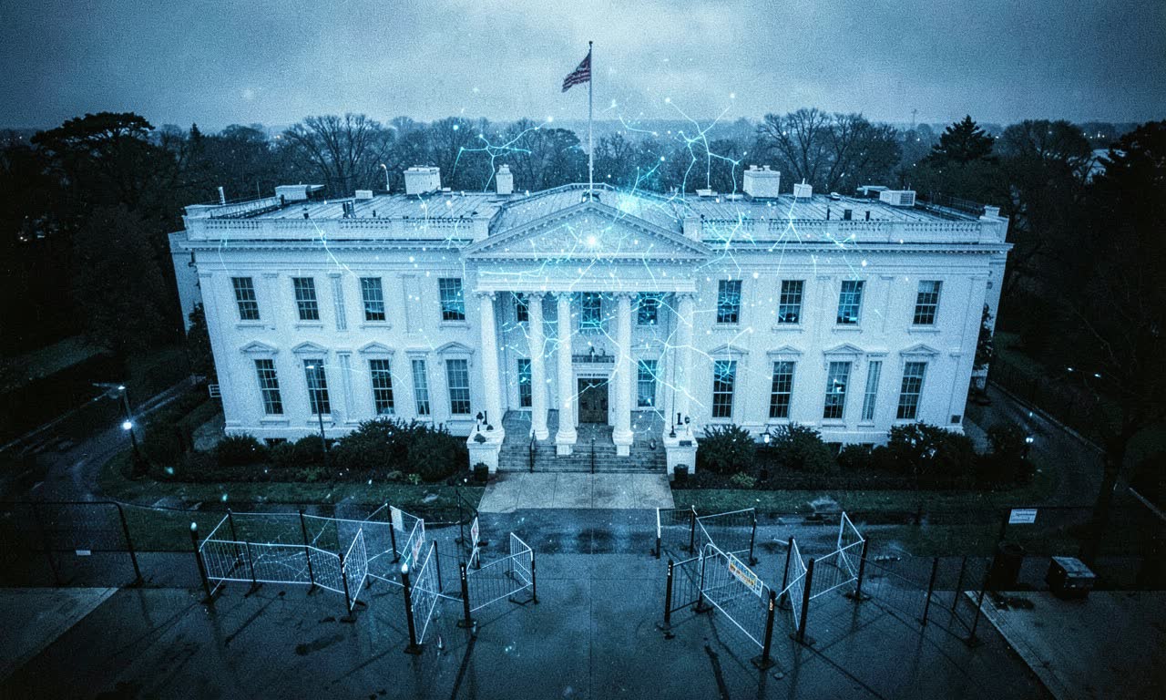 White House with AI neural network overlay and security checkpoint, dramatic overhead shot, documentary style