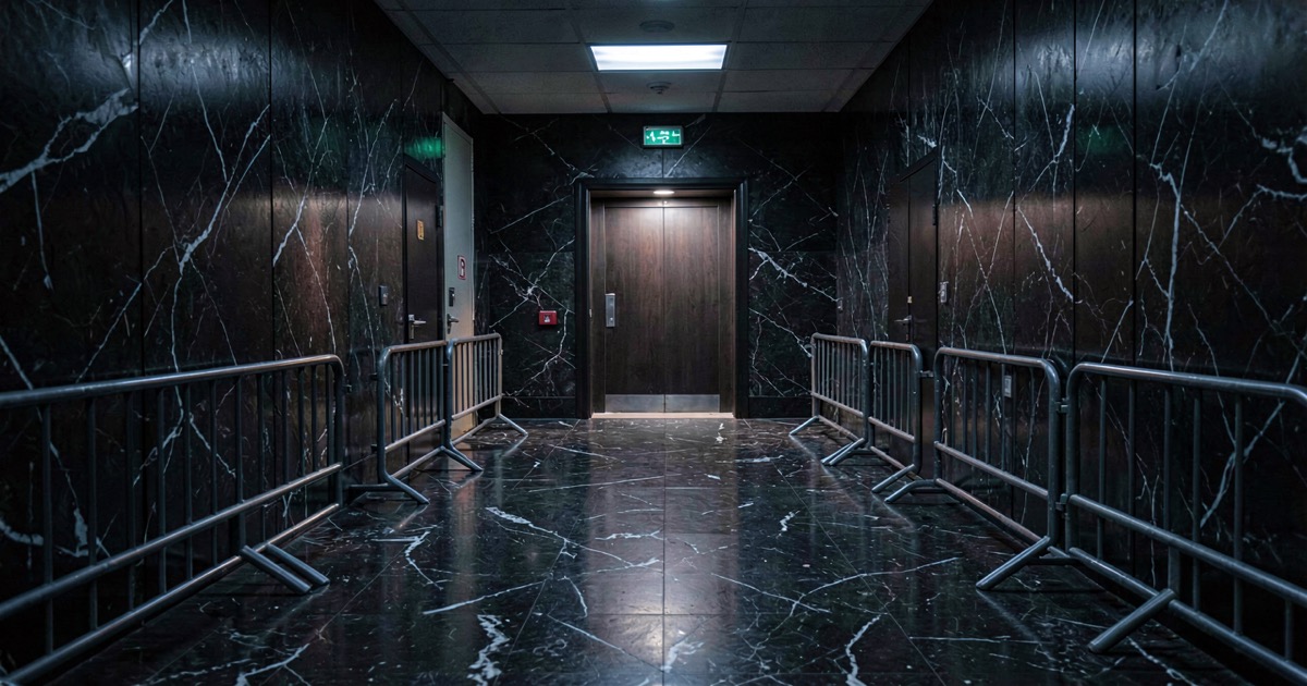 A dark marble corridor with a single illuminated door at the end, security barriers on either side