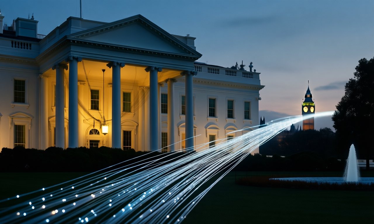 The White House colonnade at dusk with a glowing fibre-optic light bridge arcing toward a faint Big Ben silhouette on the horizon