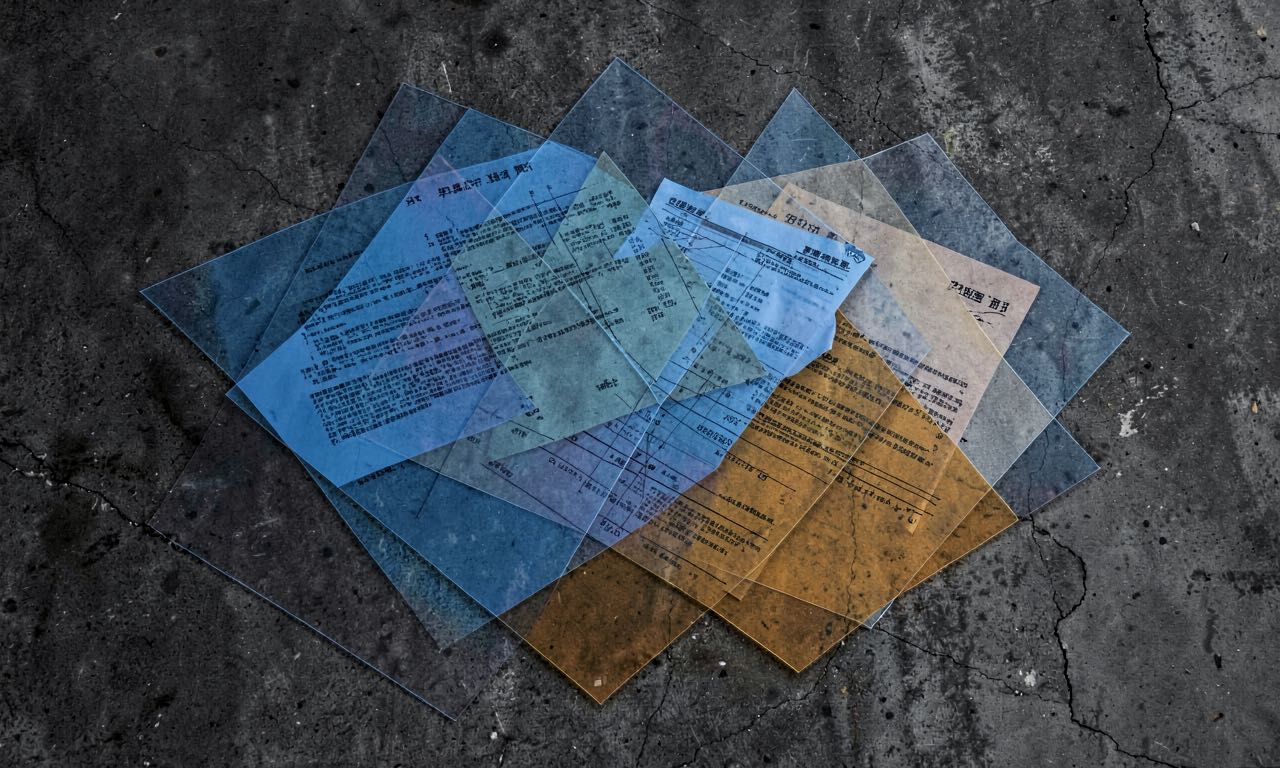 An abstract composition of layered translucent geometric shapes in blue and amber on a dark surface, suggesting overlapping legal documents and code structures.