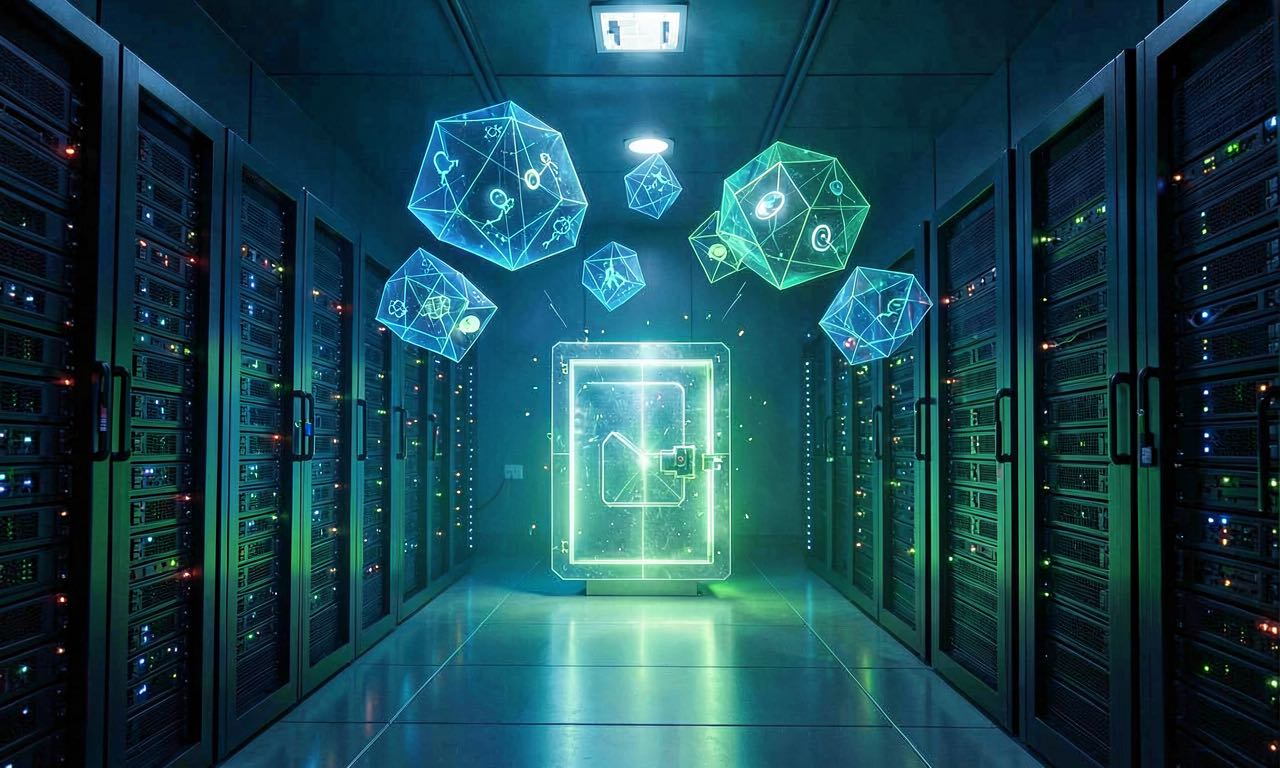 Dark data centre with rows of server racks bathed in blue-green light and translucent geometric shapes floating above representing AI model benchmarks