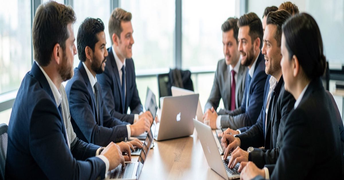 A diverse group of professionals in a modern office boardroom, soft natural window light, documentary style