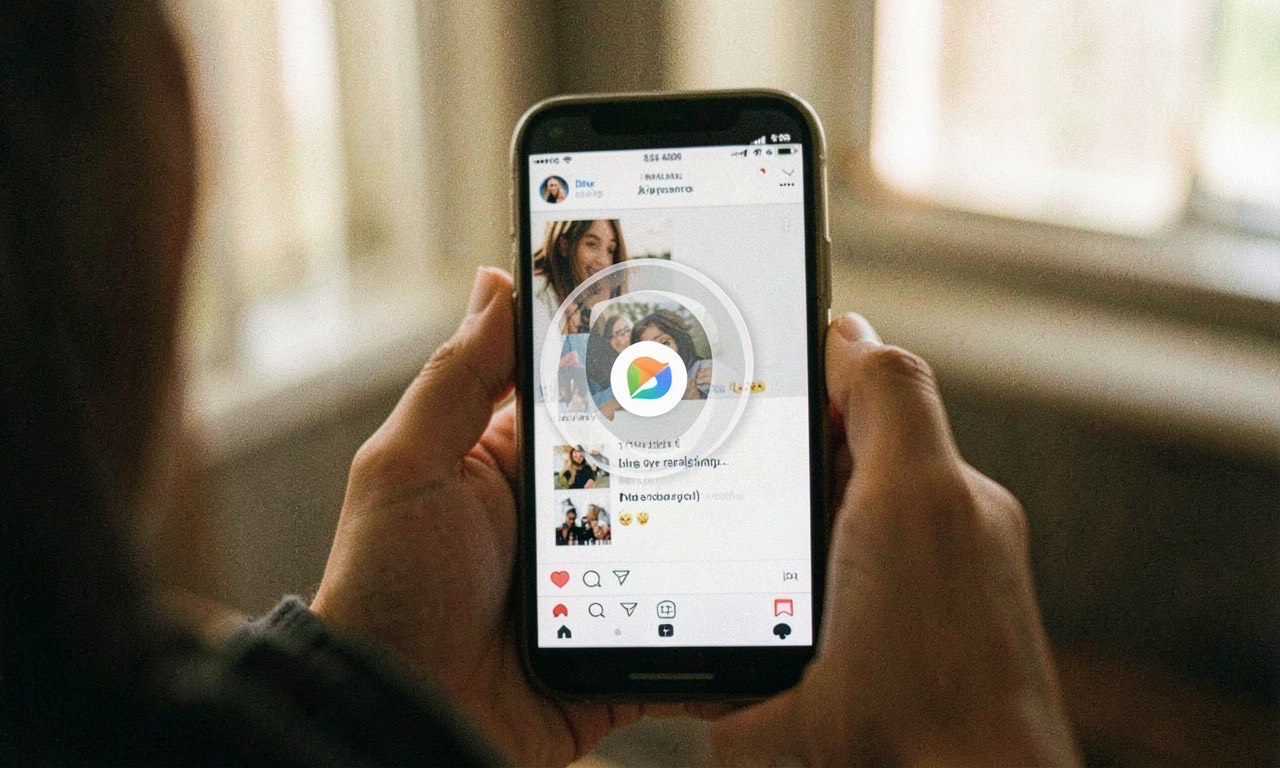 Phone screen showing social media profile with privacy settings overlay, warm lighting, close-up documentary style