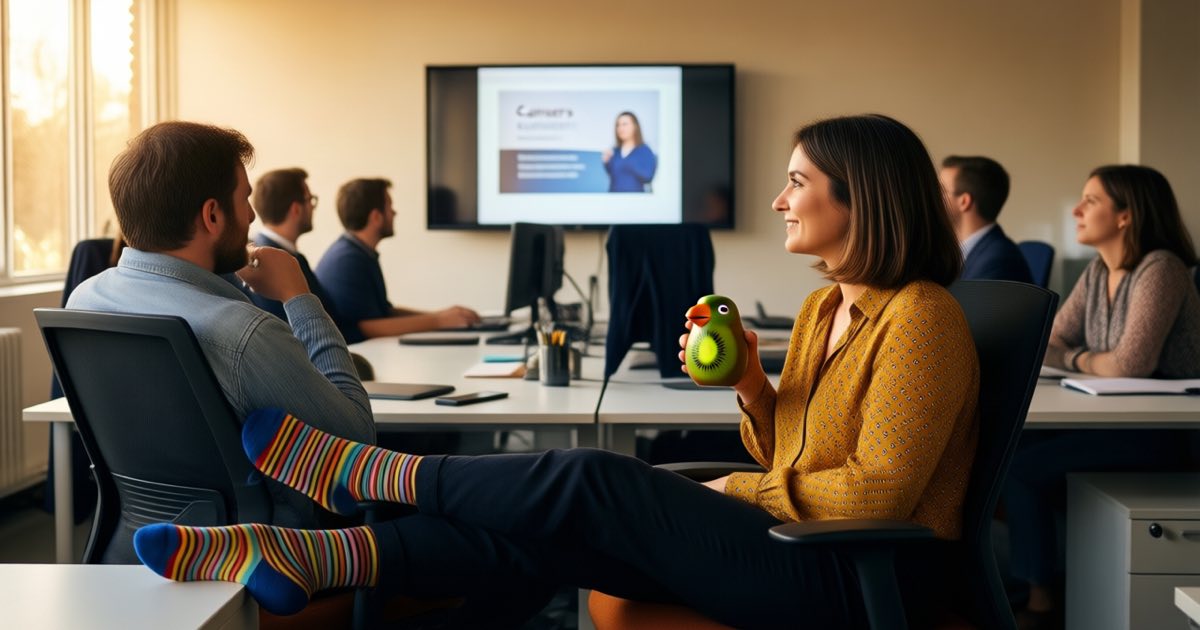 Employees in a bright open-plan office watching a careers presentation, one woman in a mustard-yellow patterned blouse holding a kiwi-shaped mug, another colleague in odd striped socks, warm natural light, documentary editorial photography