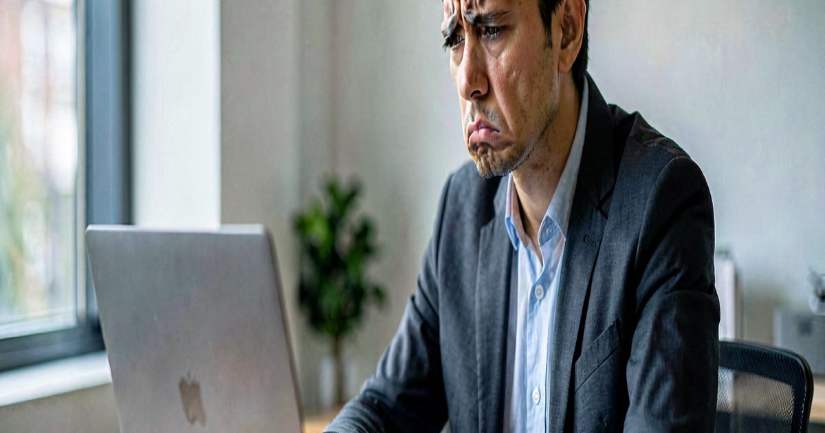A worker at a desk looking at a laptop screen with a thoughtful, uneasy expression, soft natural light from a window, modern minimalist office, documentary photography