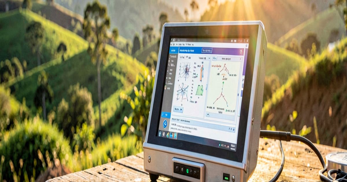A rural landscape with a small solar-powered computer terminal showing a medical diagnostic screen, under a bright sky.