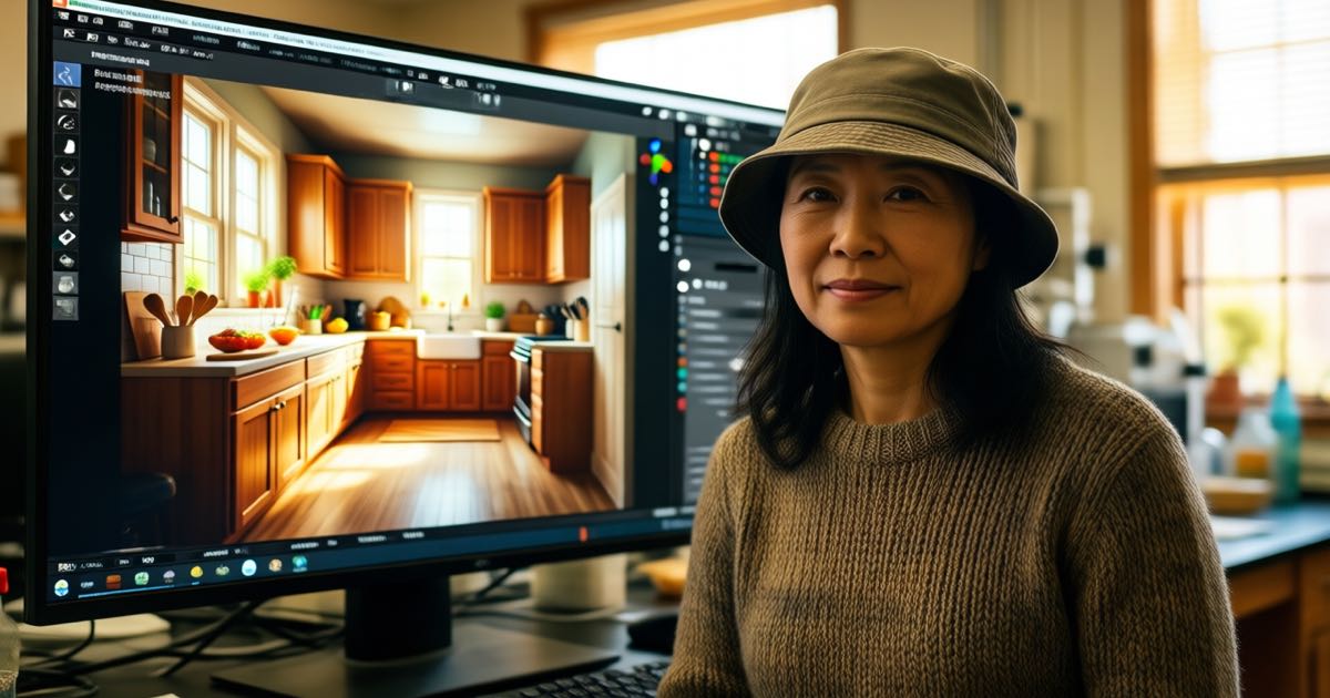 A woman in a bucket hat and knitted jersey in a San Francisco lab beside a monitor showing a glowing 3D reconstruction of a sunlit kitchen, warm natural light, shallow depth of field