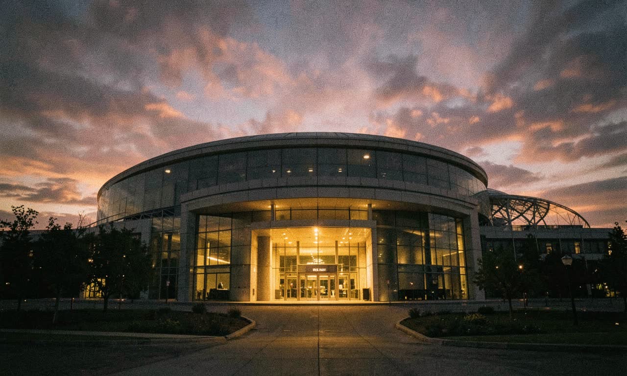 Apple Park at dusk with a single spotlight on the keynote stage, cinematic lighting, documentary style