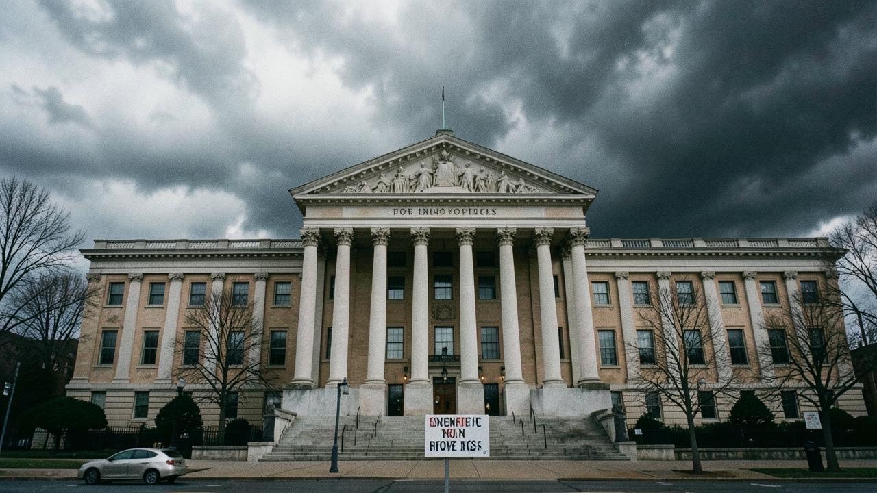 A courthouse building with dark clouds behind it and protest signs in the foreground, overcast sky, photojournalistic style