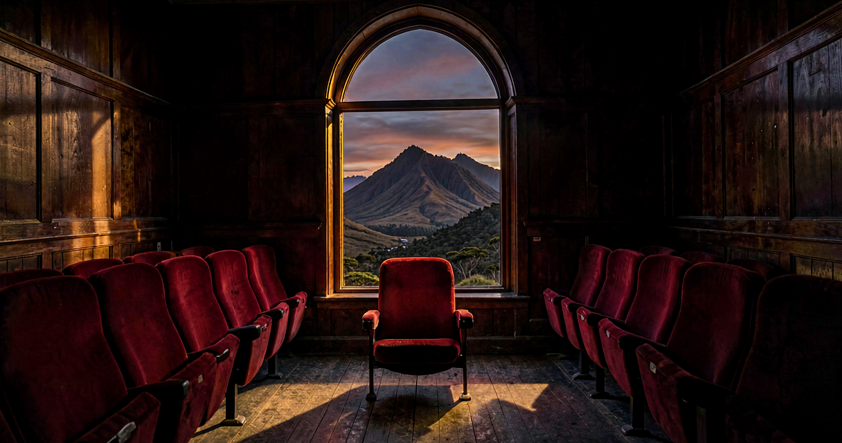 A solitary red velvet cinema seat in a dark wood-paneled theater, facing a tall arched window that opens onto a New Zealand mountain landscape at dusk