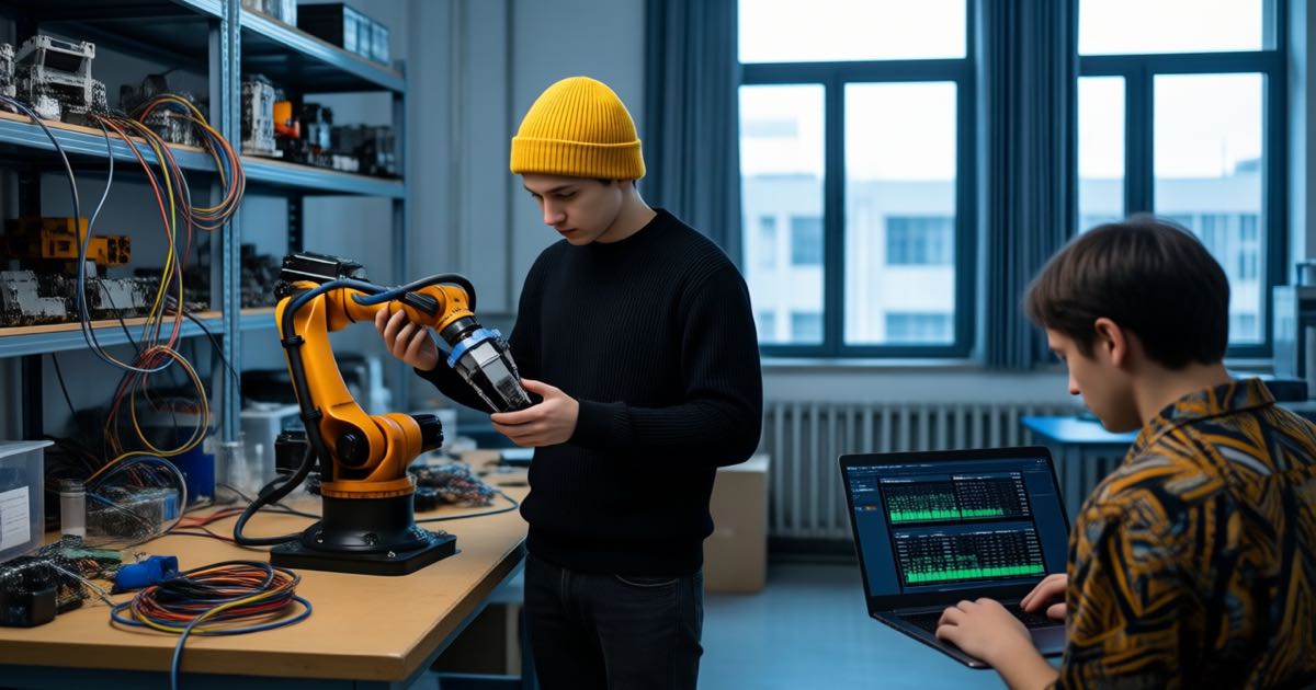 A researcher operating a low-cost robotic arm with a hand tracker in a robotics lab, shelves of robot parts behind