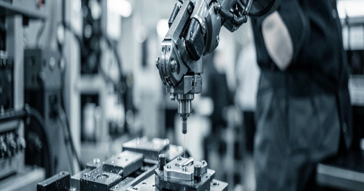 A humanoid robot arm performing assembly work on a factory production line, industrial setting, shallow depth of field.