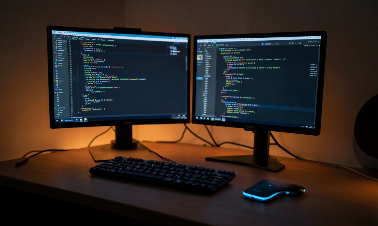 A modern developer workstation with two glowing monitors showing code, a small Xiaomi phone on the desk, dim warm light, photojournalistic