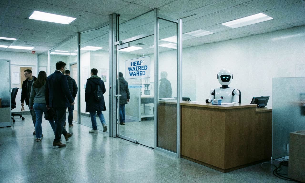 A corporate building entrance with a young person in a suit standing outside holding a smartphone, looking at the glass doors, overcast lighting, documentary style, sense of uncertainty and exclusion