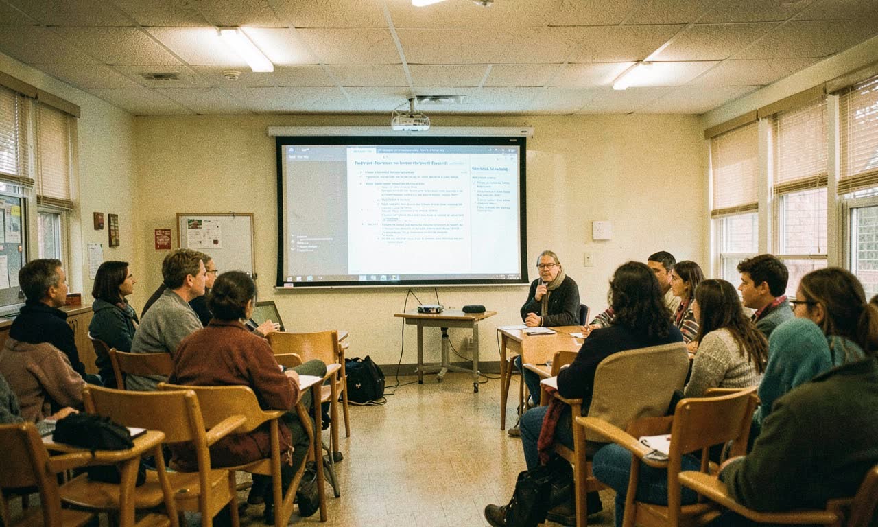School board meeting room with policy documents on screen, warm fluorescent lighting, documentary style