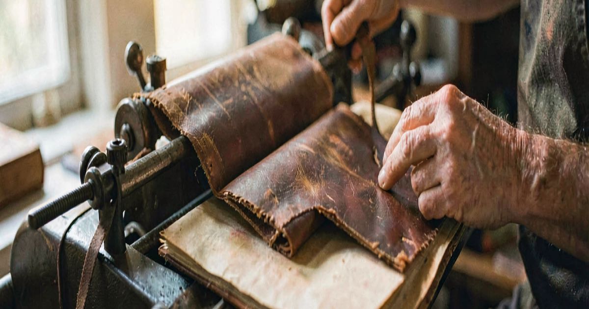 A bookbinder's hands working with leather and paper on a Victorian-era press, warm natural light, documentary style