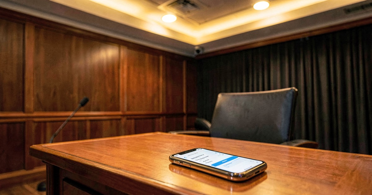 A Senate hearing room with an empty witness chair and a smartphone displaying a privacy settings menu, warm overhead lighting, documentary style