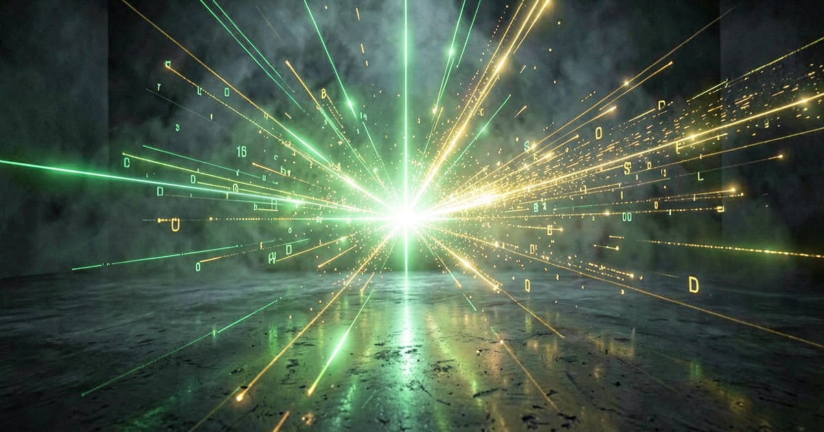 Abstract composition of converging green and gold light streams on dark polished concrete, representing digital revenue growth