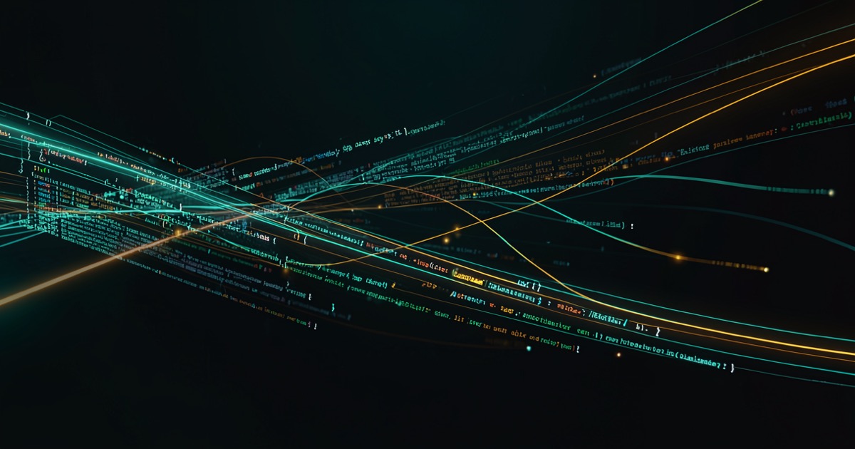 Abstract representation of an AI coding workspace with flowing digital code streams on a dark surface with teal and amber light accents