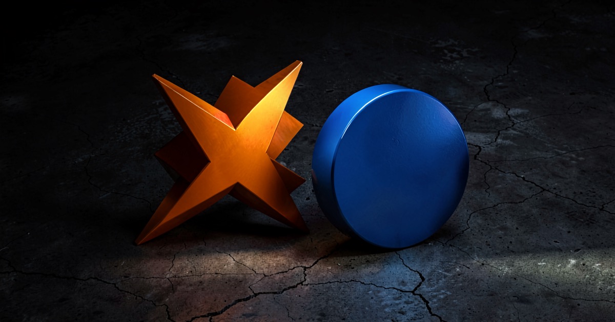 Two abstract metallic geometric shapes colliding on dark concrete — one sharp orange zigzag, one smooth blue rounded form