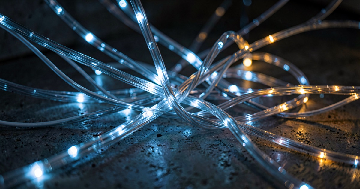A tangled knot of glowing fiber-optic cables on dark concrete, frozen mid-motion like a machine struggling to untangle itself.